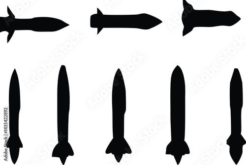 Set of Missile icons fill styles. Combat rocket weapons. Nuclear atomic warhead silhouette symbols. Army or military guided Missile signs. Air missile attack for web designs on transparent background.