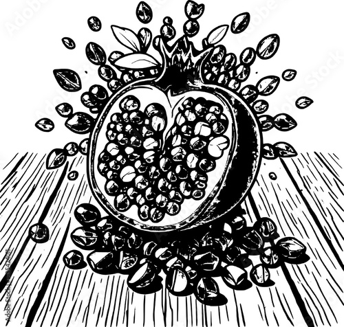 Stylized Pomegranate Half With Seeds On Striped Surface Fresh Red Fruit Still Life Composition