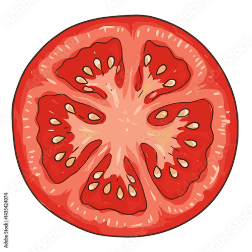 Freshly cut tomato slice showcasing seeds and vibrant red color in a detailed illustration style