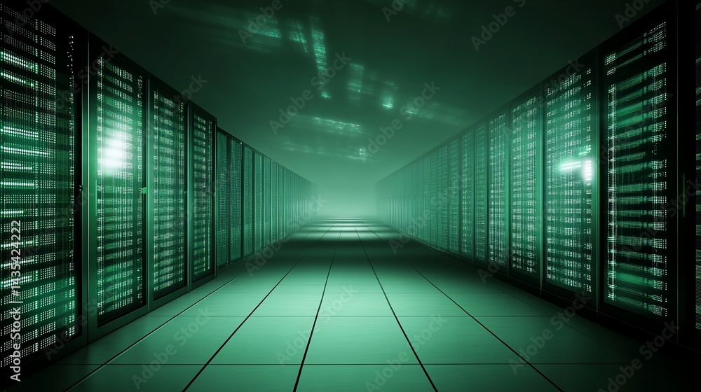 Server room hallway, illuminated by glowing green data Server room hallway, illuminated by glowing green data