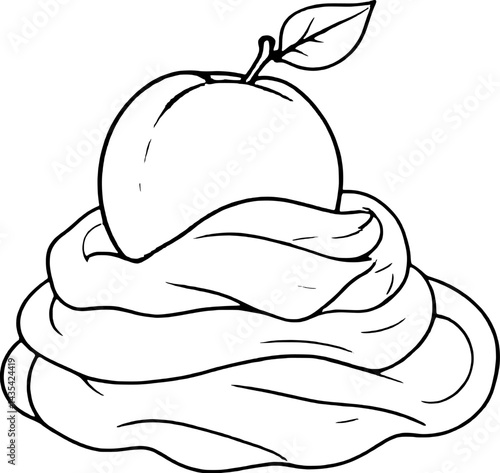 Stylized Peach Resting Atop a Swirl of White Cream with Single Leaf Isolated on White
