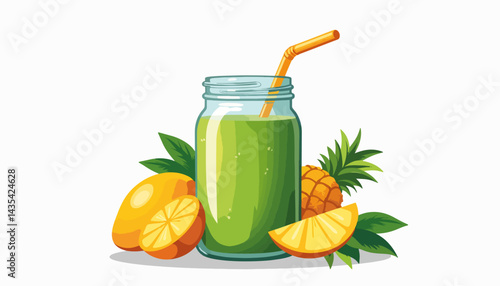 Refreshing green smoothie in jar with tropical fruits, healthy lifestyle