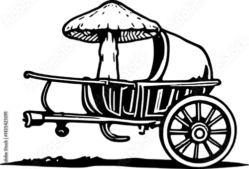 Monochrome Illustration Mushroom And Barrel Transported By A Rustic Wooden Wheelbarrow
