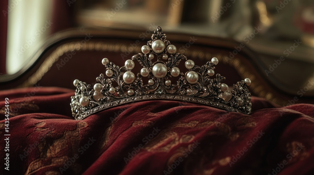 Obraz premium An ornate crown adorned with pearls is resting on red fabric