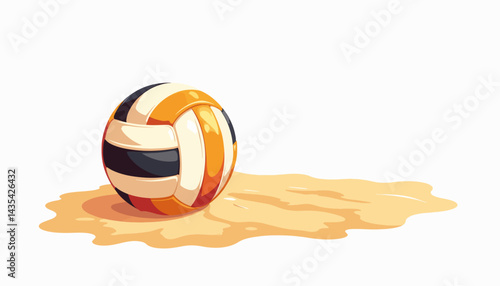 Colorful beach volleyball resting on sand patch, summer fun concept