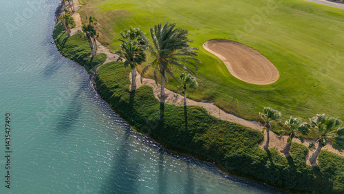 Blue Water Hazard Edge on El Gouna Golf Course Aerial Egypt