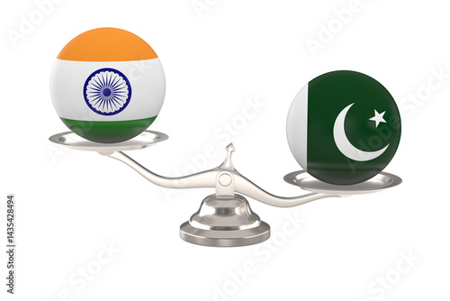 Two balls with flag India, Pakistan and scale on white background. Isolated 3...