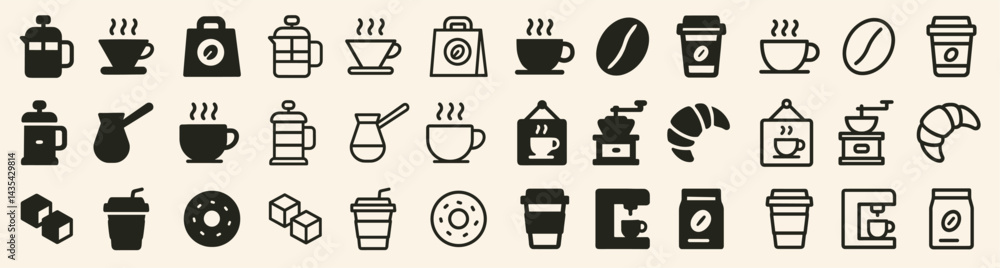 Coffee Shop Icons with Cups, Beans, and Pastries Coffee Shop Icons with Cups, Beans, and Pastries