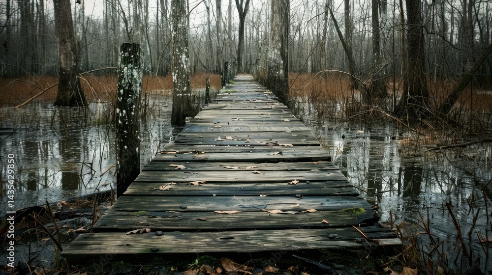Obraz premium Old wooden dock in Mississippi swamp stock photo --ar 16:9 --raw --v 6 Job ID: af76caee-bfe0-4d2a-a435-d33affc1e27e