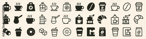Coffee Shop Icons with Cups, Beans, and Pastries