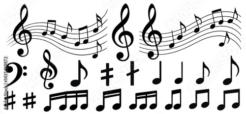 Musical Notes and Clefs Set in Black
