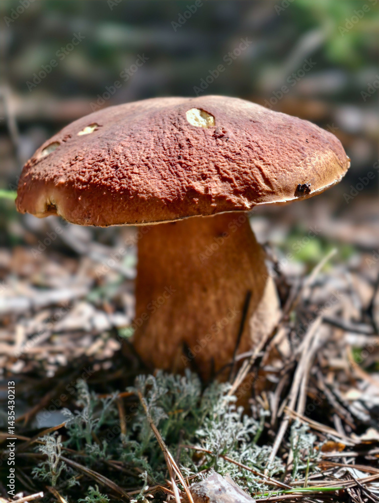 Fototapeta premium King bolete cep mushroom Boletus edulis growing in forest. Natural background.