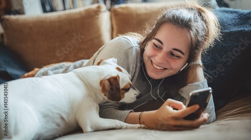 Relaxing girl at new real estate apartment home using mobile phone online app. 