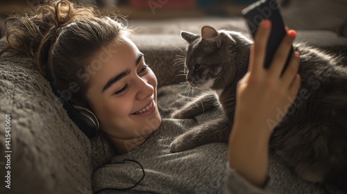 Relaxing girl at new real estate apartment home using mobile phone online app. 