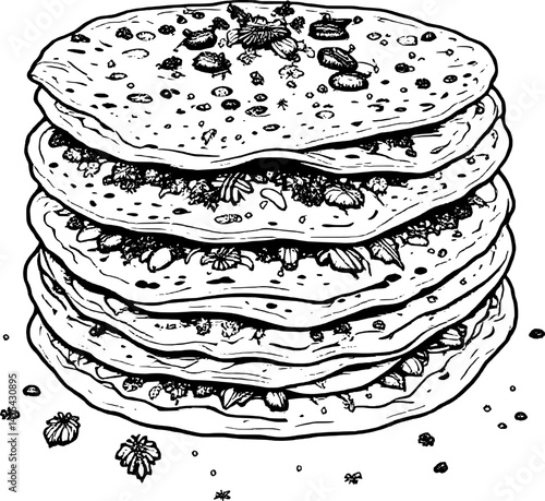 Stack Of Flatbreads Topped With Seeds And Herbs In Black And White Sketch Style Illustration