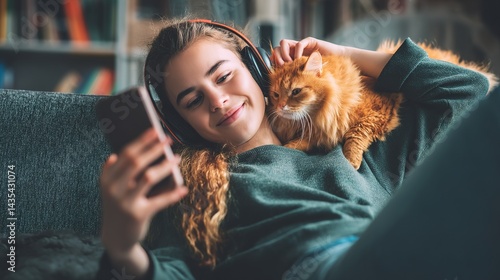 Relaxing girl at new real estate apartment home using mobile phone online app. 