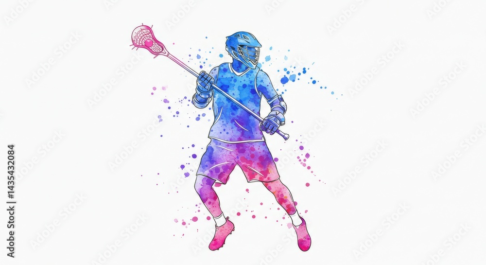 Dynamic Watercolor Illustration of Lacrosse Player in Action with Vibrant Hues Dynamic Watercolor Illustration of Lacrosse Player in Action with Vibrant Hues