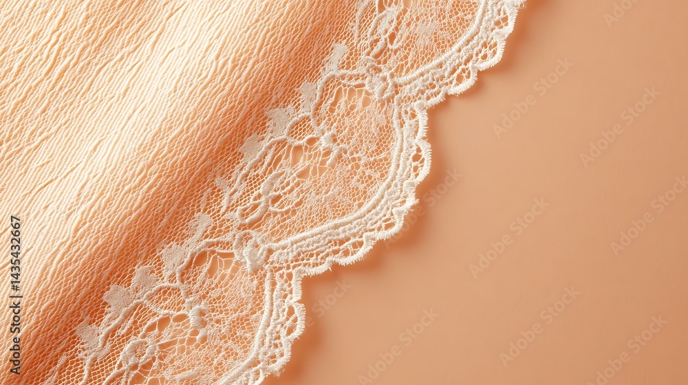 Peach fabric with lace trim. Peach fabric with lace trim.