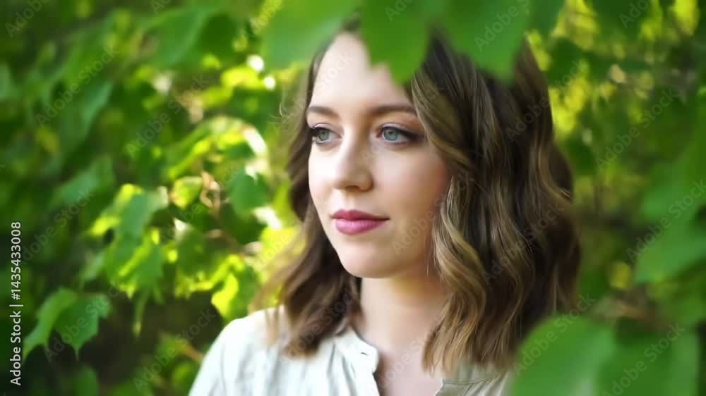 Young Woman with Blue Eyes in Green Garden Setting Young Woman with Blue Eyes in Green Garden Setting