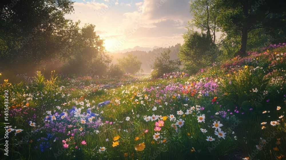 Obraz premium sunlit wildflower meadow landscape