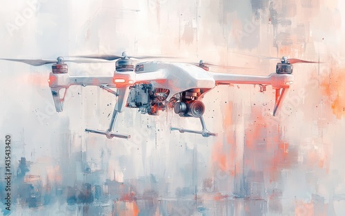 Exploring the Future: A Vibrant Painting of a Drone Flying Over an Innovative Cityscape with LED Lights