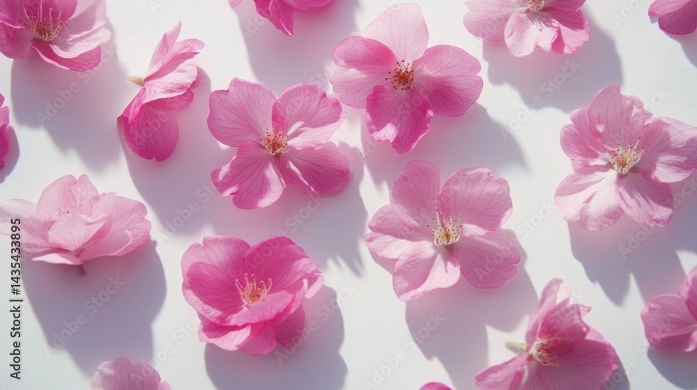 Delicate pink cherry blossoms scattered on a white surface. Delicate pink cherry blossoms scattered on a white surface.