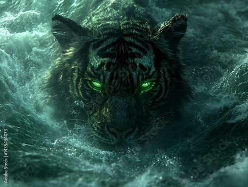 Tiger emerging from dark, turbulent water;  powerful predator