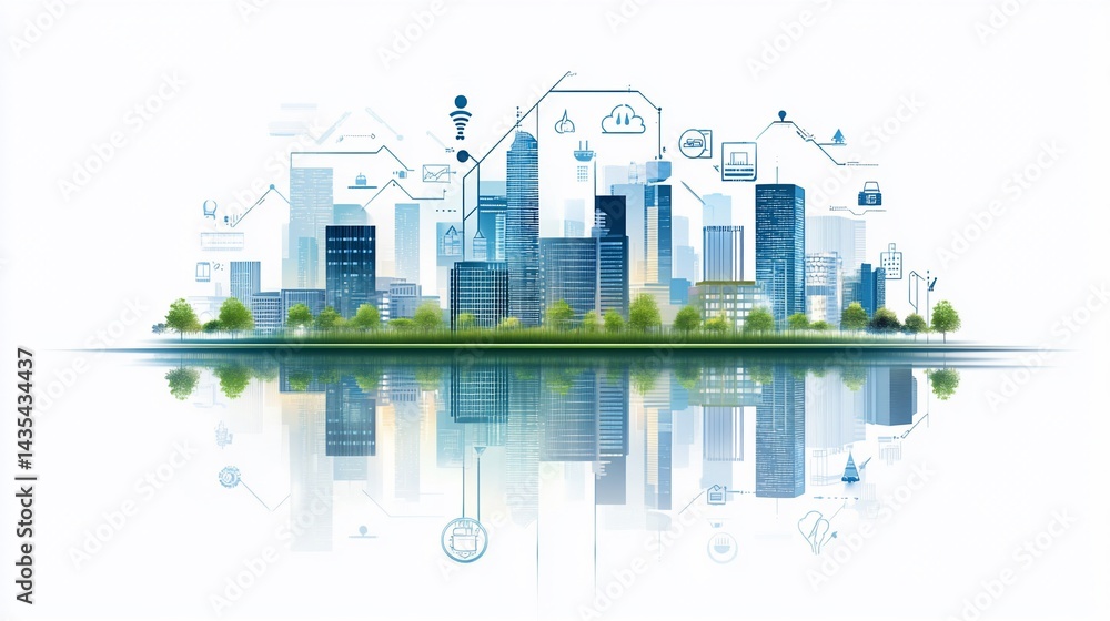 Obraz premium Smart city digital network reflection cityscape