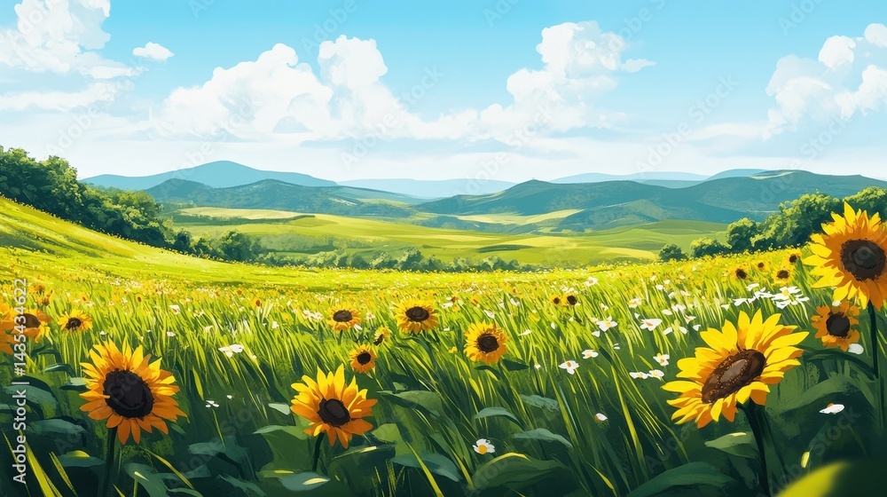 Obraz premium sunflowers in a rolling hill landscape