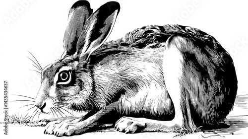 Detailed black and white illustration of a hare.