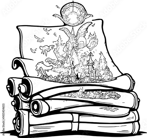 Stack Of Ancient Scrolls Depicting A Fantastic Realm With Mythical Creatures And Elaborate Archit