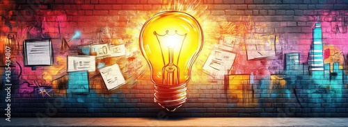 Glowing bulb on graffiti wall; idea explosion