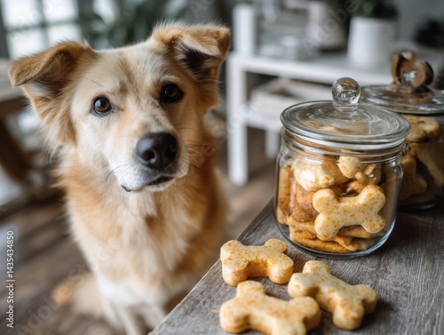 home made dog treats freshly baked and dog looking at them with a curious expression