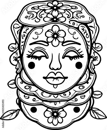 Decorative Floral Face with Closed Eyes and Red Cheeks in Black and White Outline