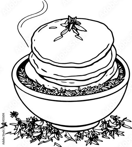Stack Of Hotcakes In A Bowl With Herbs And Steam On Hand Drawn Style