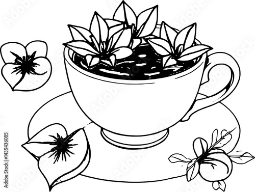 Delicate Pink Flowers Floating in a White Teacup on a Saucer Artistic Illustration