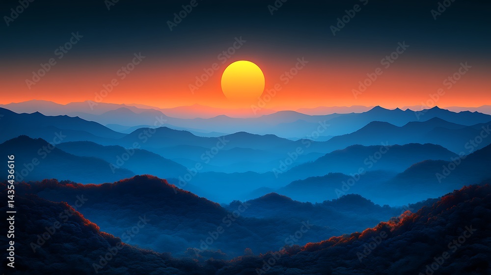 Fototapeta premium Vibrant sunset over layered blue mountains
