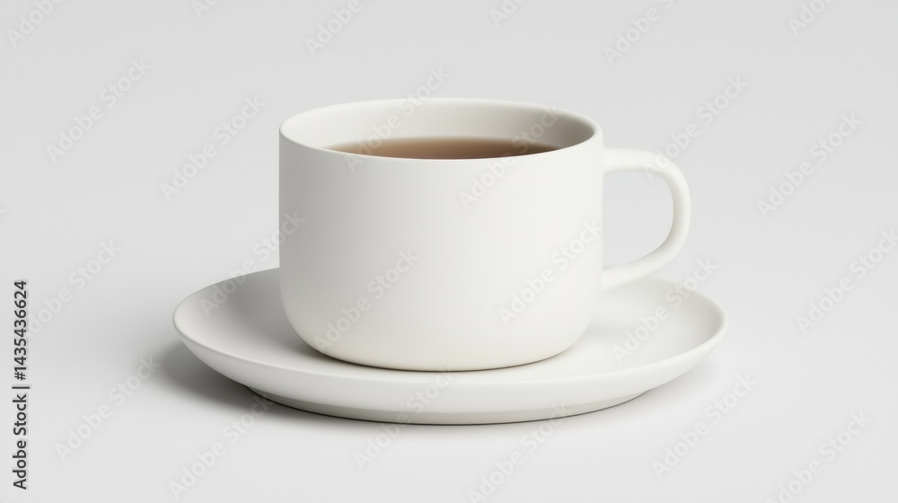 A white coffee cup with a saucer and coffee sits on a white background. A white coffee cup with a saucer and coffee sits on a white background.