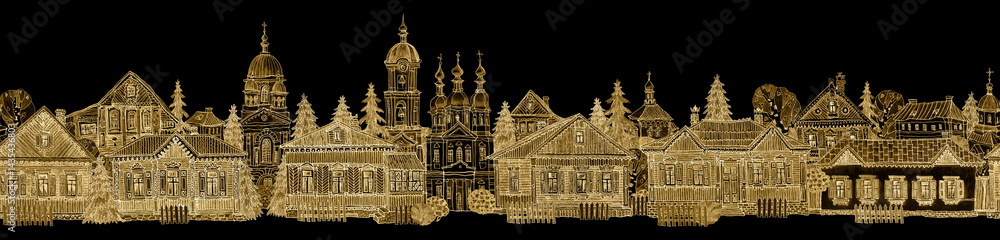 Fototapeta premium Seamless border pattern of fairy tale wooden houses street, churches, trees. Hand drawn golden sketch on a black background
