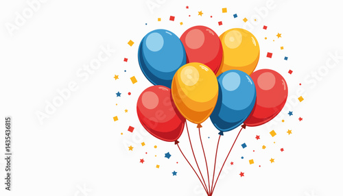 Colorful helium balloons floating with confetti, celebration theme