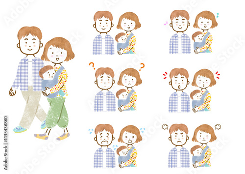 赤ちゃんを抱っこ紐で抱っこした母親と父親の表情セット