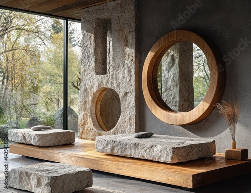 Modern, zen-like interior design with natural stone accents.