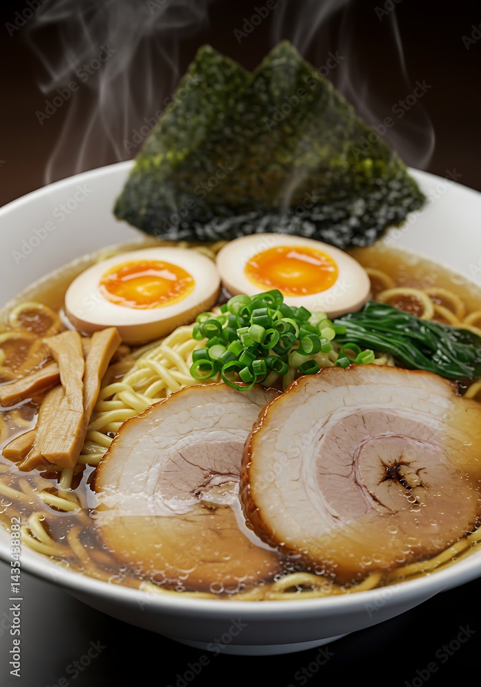 Delicious steaming bowl of ramen noodles with pork chashu, soft boiled eggs, and seaweed Delicious steaming bowl of ramen noodles with pork chashu, soft boiled eggs, and seaweed