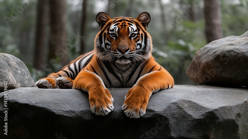 Majestic tiger resting on rock in forest; wildlife portrait; nature photography; suitable for wallpaper, desktop backgrounds, and nature-themed publications