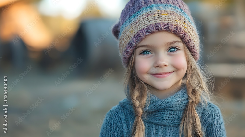Adorable young girl with bright blue eyes and blonde hair wea a colorful knitted hat and cozy sweater outdoors on a crisp autumn day Adorable young girl with bright blue eyes and blonde hair wea a colorful knitted hat and cozy sweater outdoors on a crisp autumn day