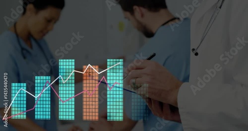 Healthcare team reviewing patient data in clinic, displaying animated bar charts and trend lines