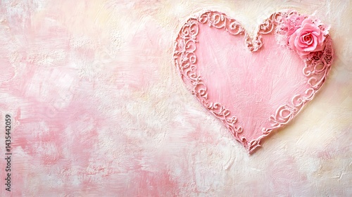 Pink heart with rose, and textured background.