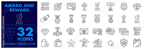 Reward and Award Icon set. badge, trophy, certificate, winner, medal, success, best, champion and others. Editable stroke