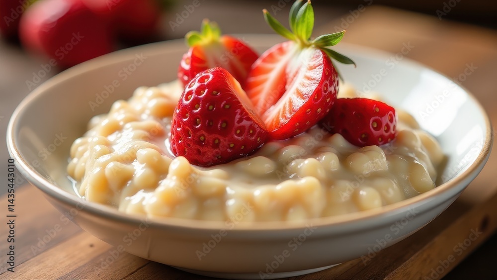 A bowl of creamy tapioca pudding topped with fresh, sliced strawberries offers a delightful and colorful dessert presentation A bowl of creamy tapioca pudding topped with fresh, sliced strawberries offers a delightful and colorful dessert presentation