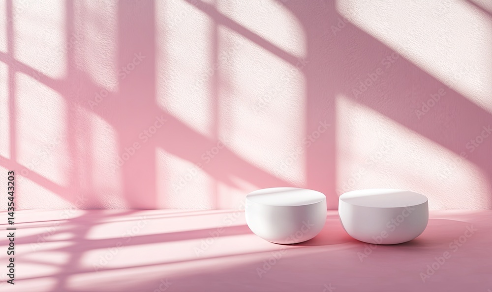 3D rendering of white cosmetic products on a pink background with shadows from a window, a set mockup for product presentation. Minimalist style. Isolated scene, high resolution. 3D rendering of white cosmetic products on a pink background with shadows from a window, a set mockup for product presentation. Minimalist style. Isolated scene, high resolution.